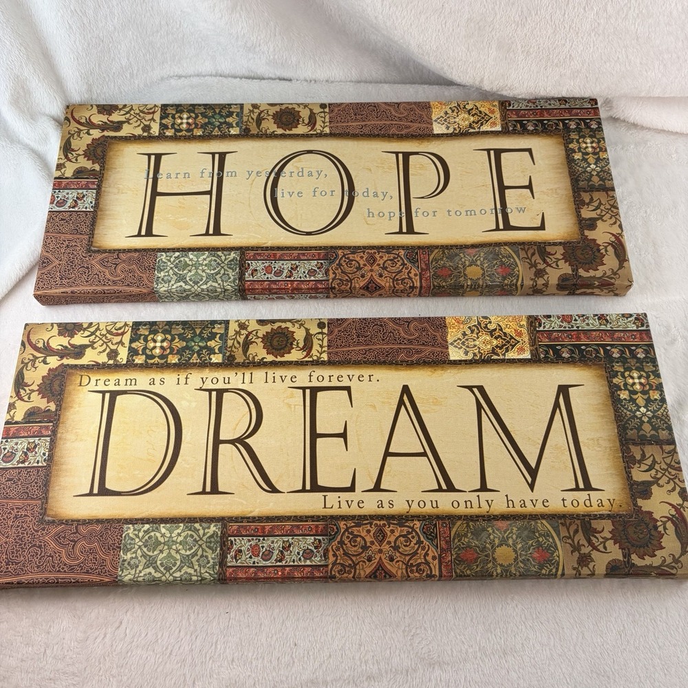 Boho Patchwork "Hope" & "Dream" Inspirational Quotes Canvas Wall Art Farmhouse